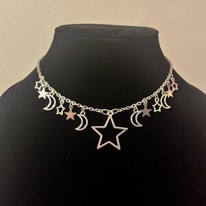 Hand Crafted Silver Star and Moon Charm Choker Necklace